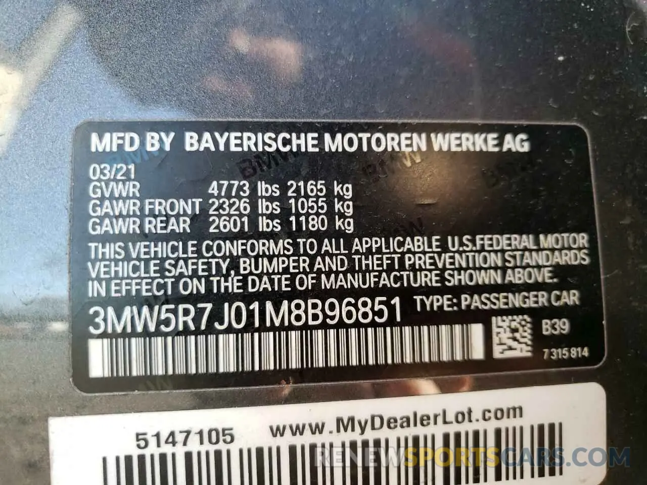 12 fotografías del automóvil dañado 3MW5R7J01M8B96851 BMW 3 SERIES 2021
