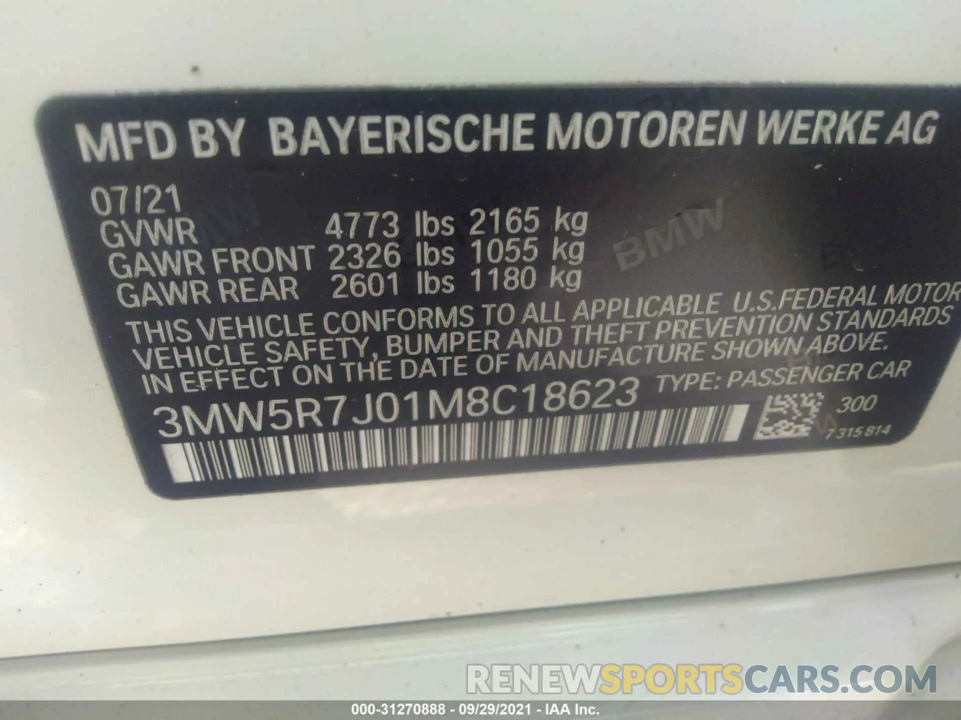 9 fotografías del automóvil dañado 3MW5R7J01M8C18623 BMW 3 SERIES 2021