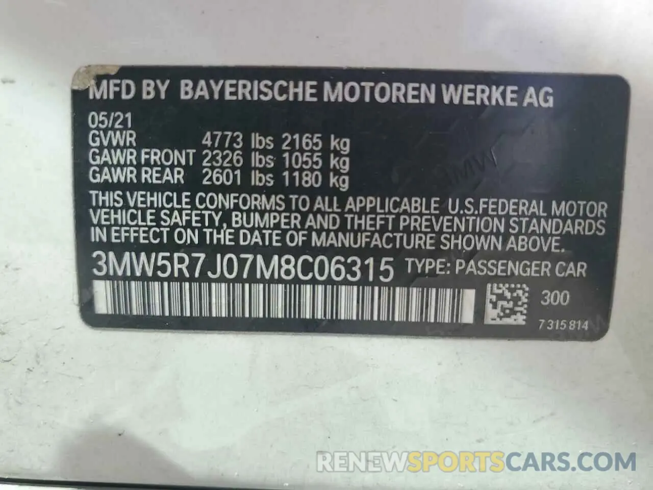 14 fotografías del automóvil dañado 3MW5R7J07M8C06315 BMW 3 SERIES 2021