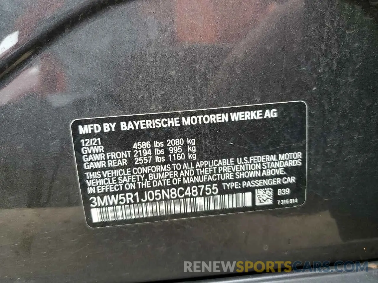 14 fotografías del automóvil dañado 3MW5R1J05N8C48755 BMW 3 SERIES 2022