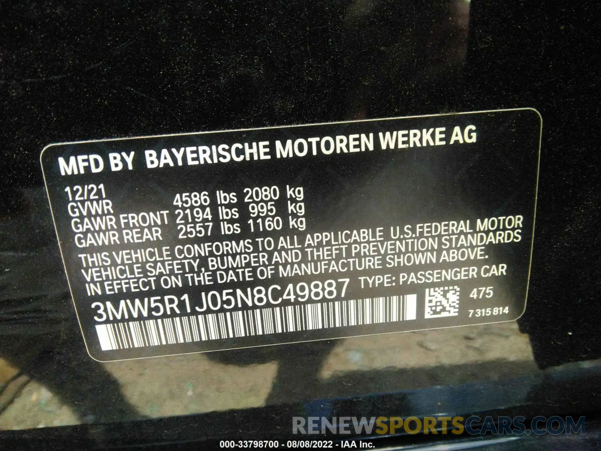 9 fotografías del automóvil dañado 3MW5R1J05N8C49887 BMW 3 SERIES 2022