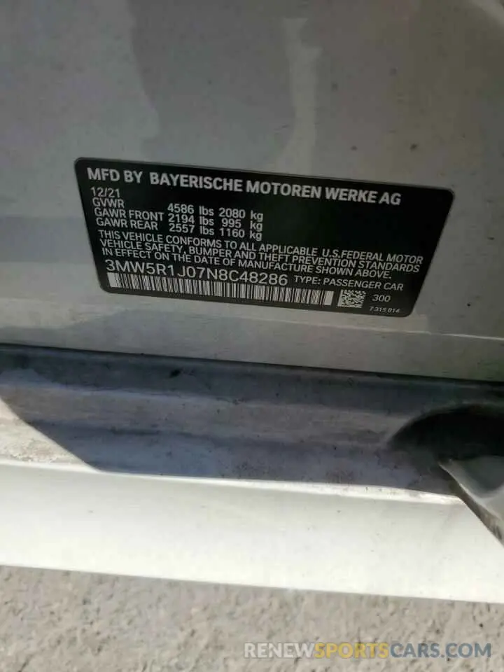 13 fotografías del automóvil dañado 3MW5R1J07N8C48286 BMW 3 SERIES 2022