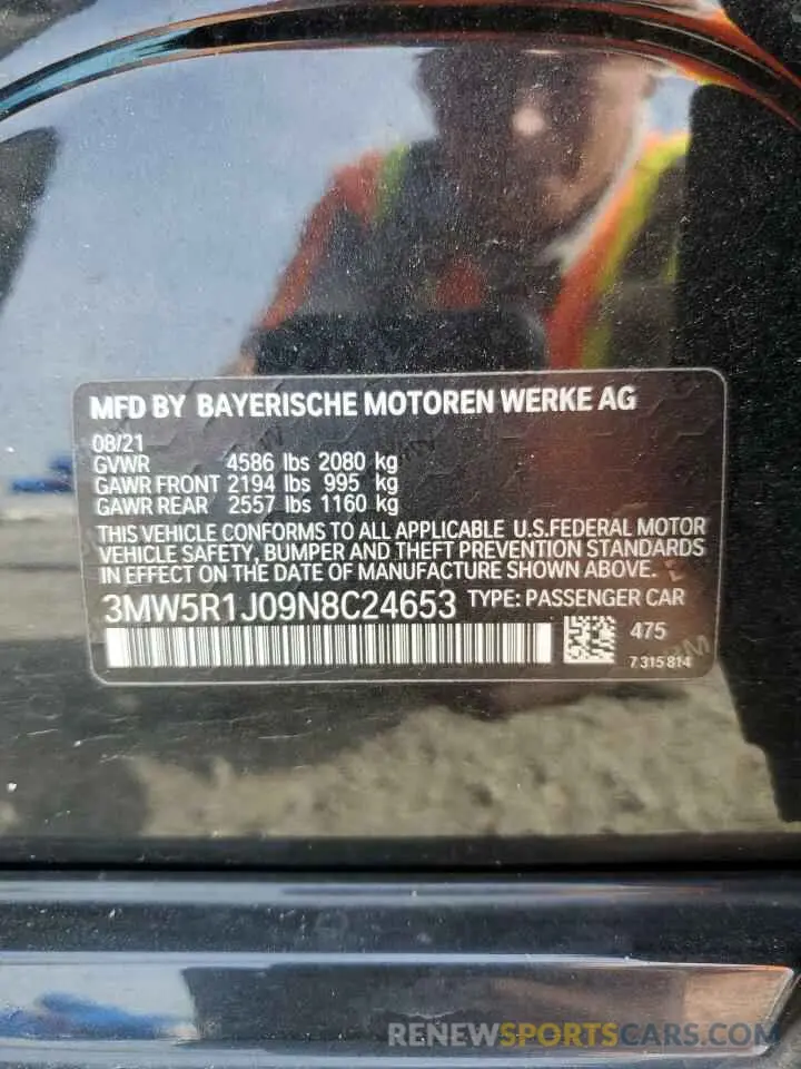 12 fotografías del automóvil dañado 3MW5R1J09N8C24653 BMW 3 SERIES 2022