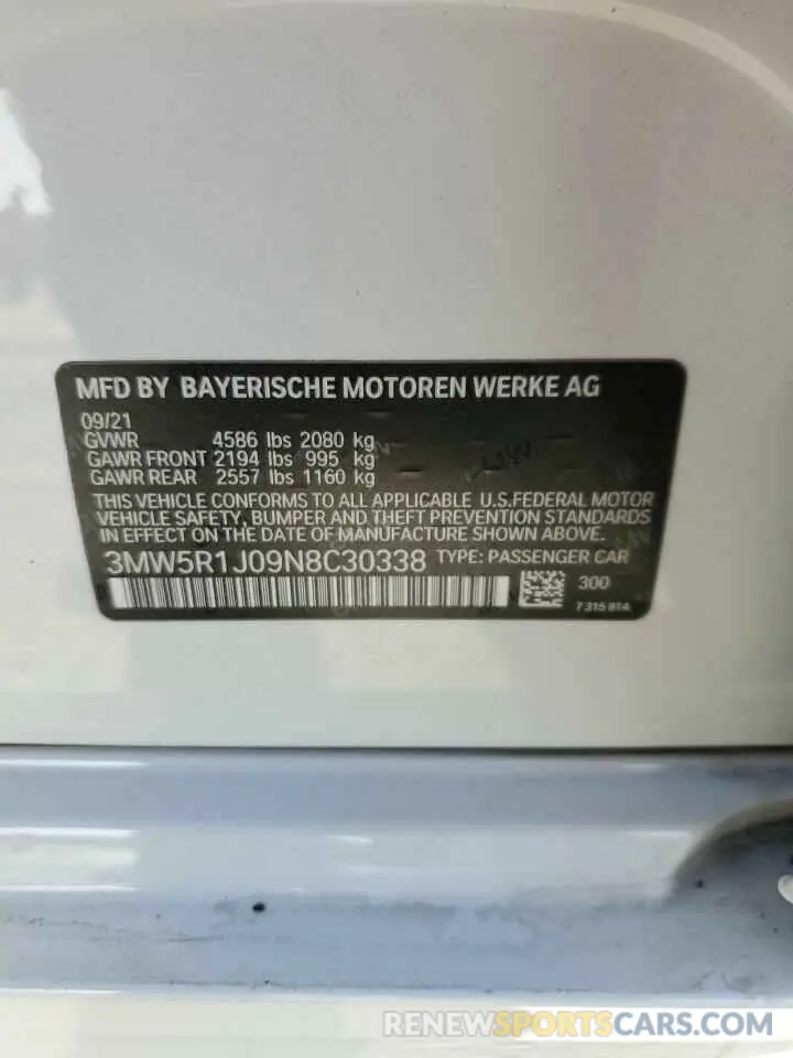 12 fotografías del automóvil dañado 3MW5R1J09N8C30338 BMW 3 SERIES 2022
