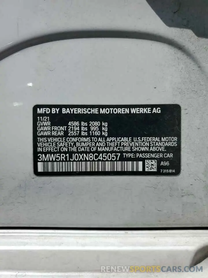 13 fotografías del automóvil dañado 3MW5R1J0XN8C45057 BMW 3 SERIES 2022