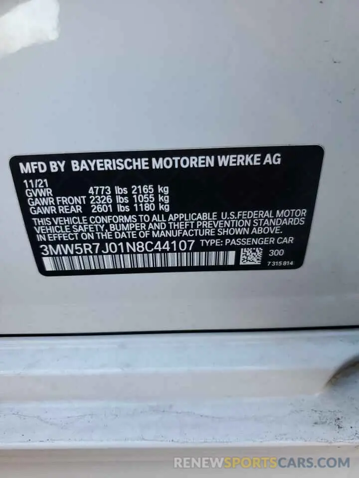 12 fotografías del automóvil dañado 3MW5R7J01N8C44107 BMW 3 SERIES 2022