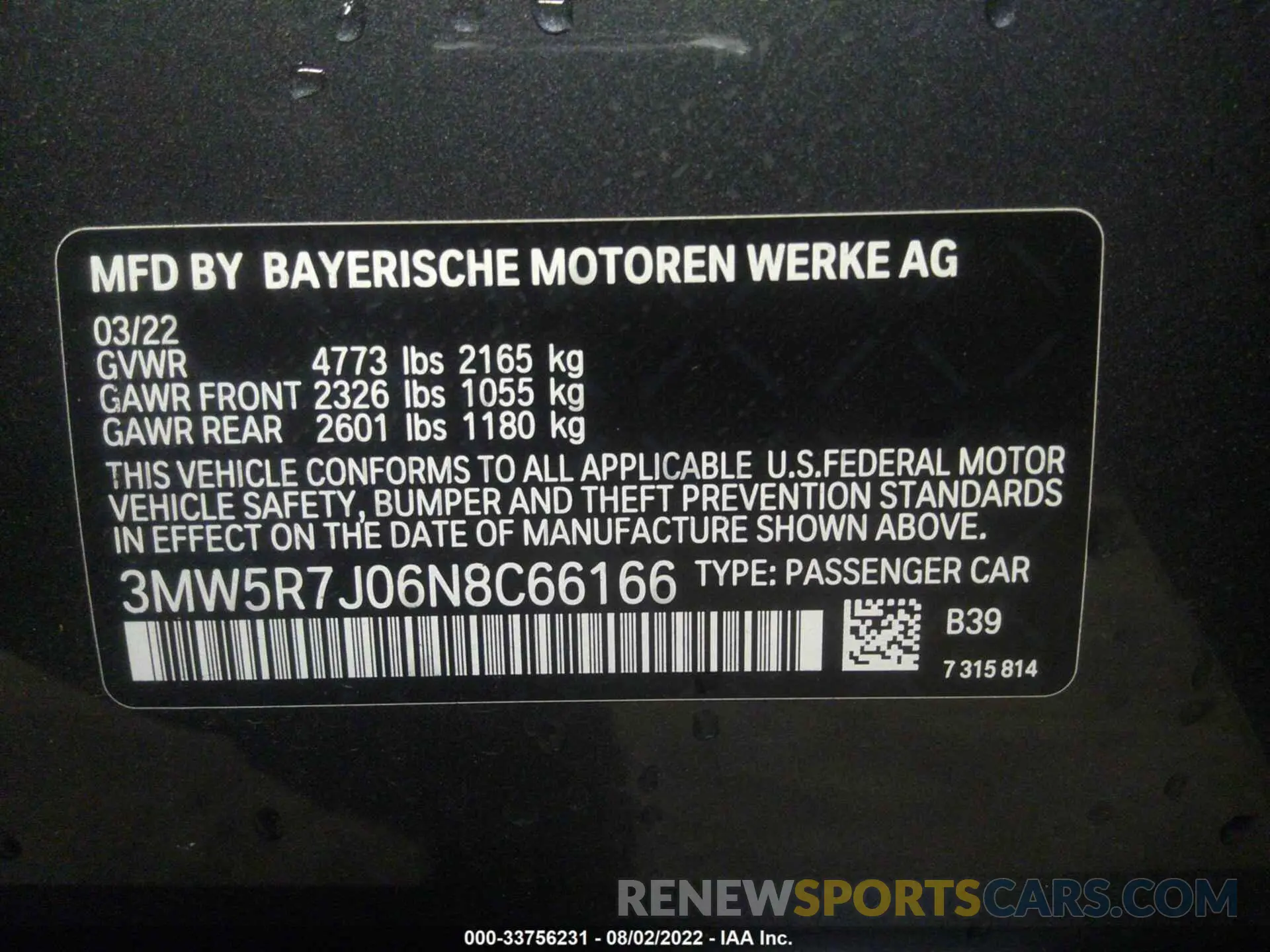 9 fotografías del automóvil dañado 3MW5R7J06N8C66166 BMW 3 SERIES 2022