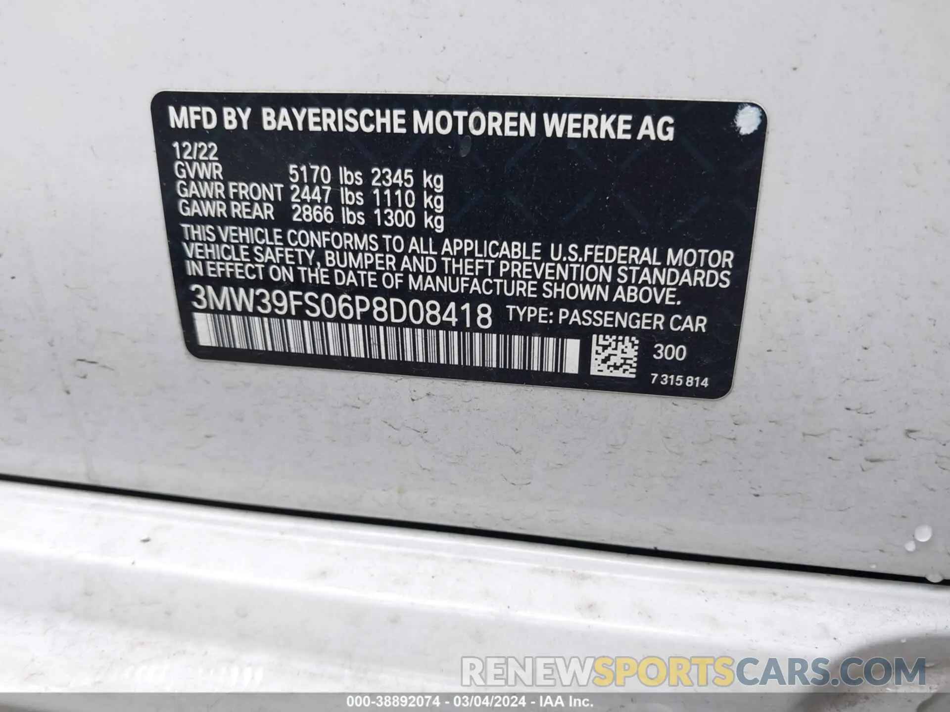 9 fotografías del automóvil dañado 3MW39FS06P8D08418 BMW 3 SERIES 2023