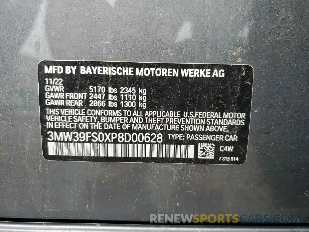 12 fotografías del automóvil dañado 3MW39FS0XP8D00628 BMW 3 SERIES 2023