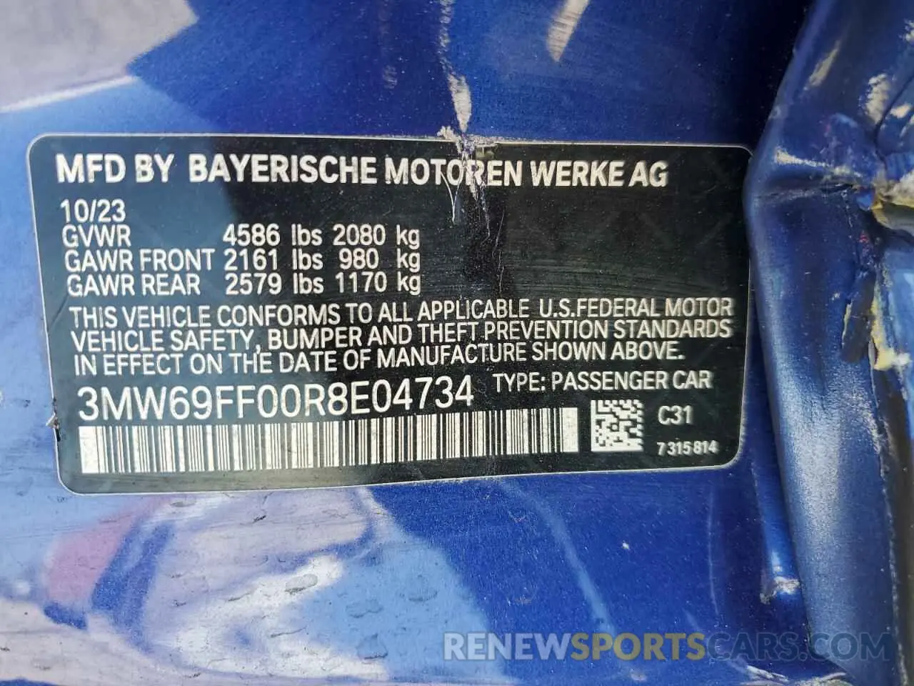 13 fotografías del automóvil dañado 3MW69FF00R8E04734 BMW 3 SERIES 2024