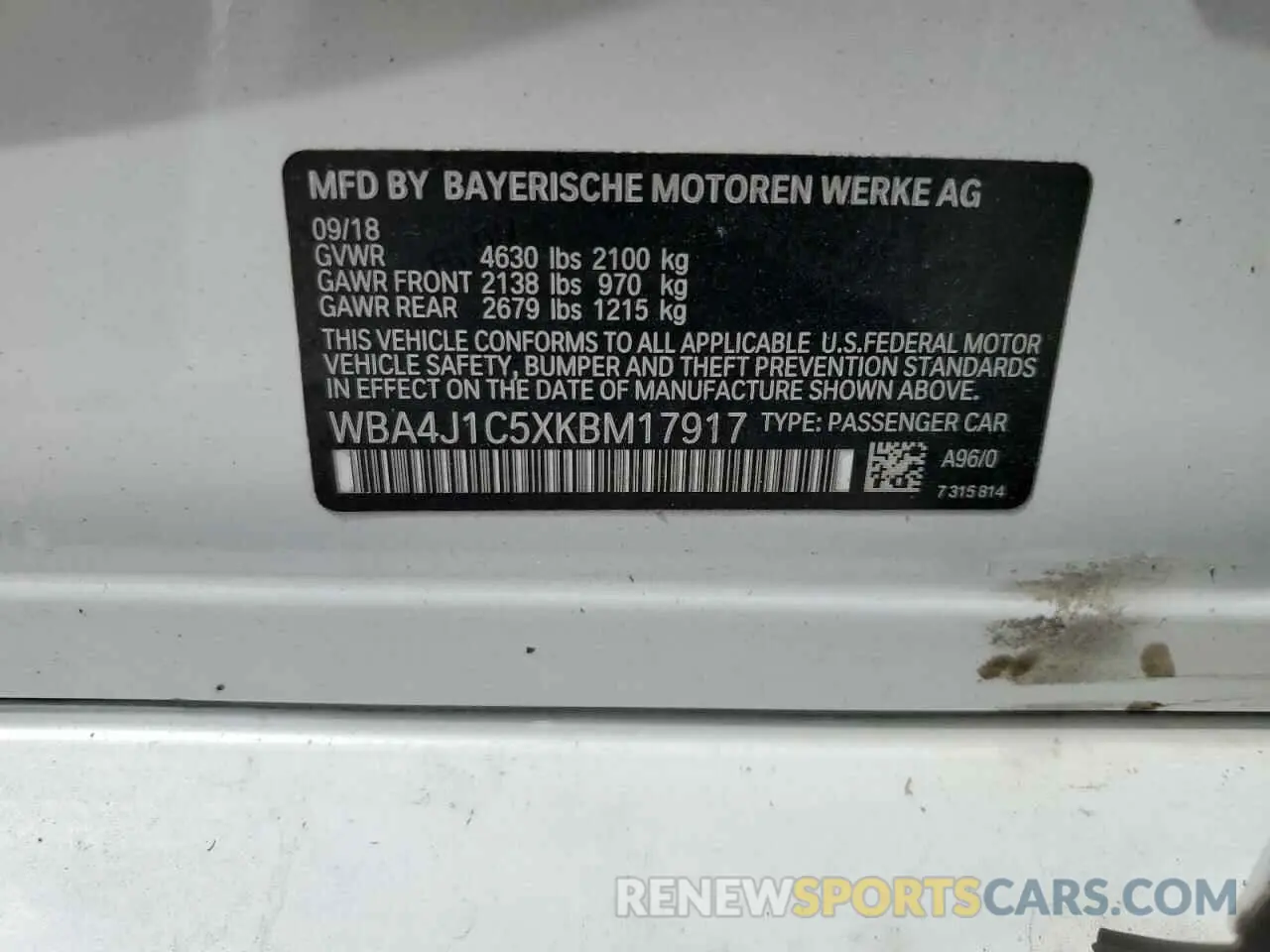 10 fotografías del automóvil dañado WBA4J1C5XKBM17917 BMW 4 SERIES 2019