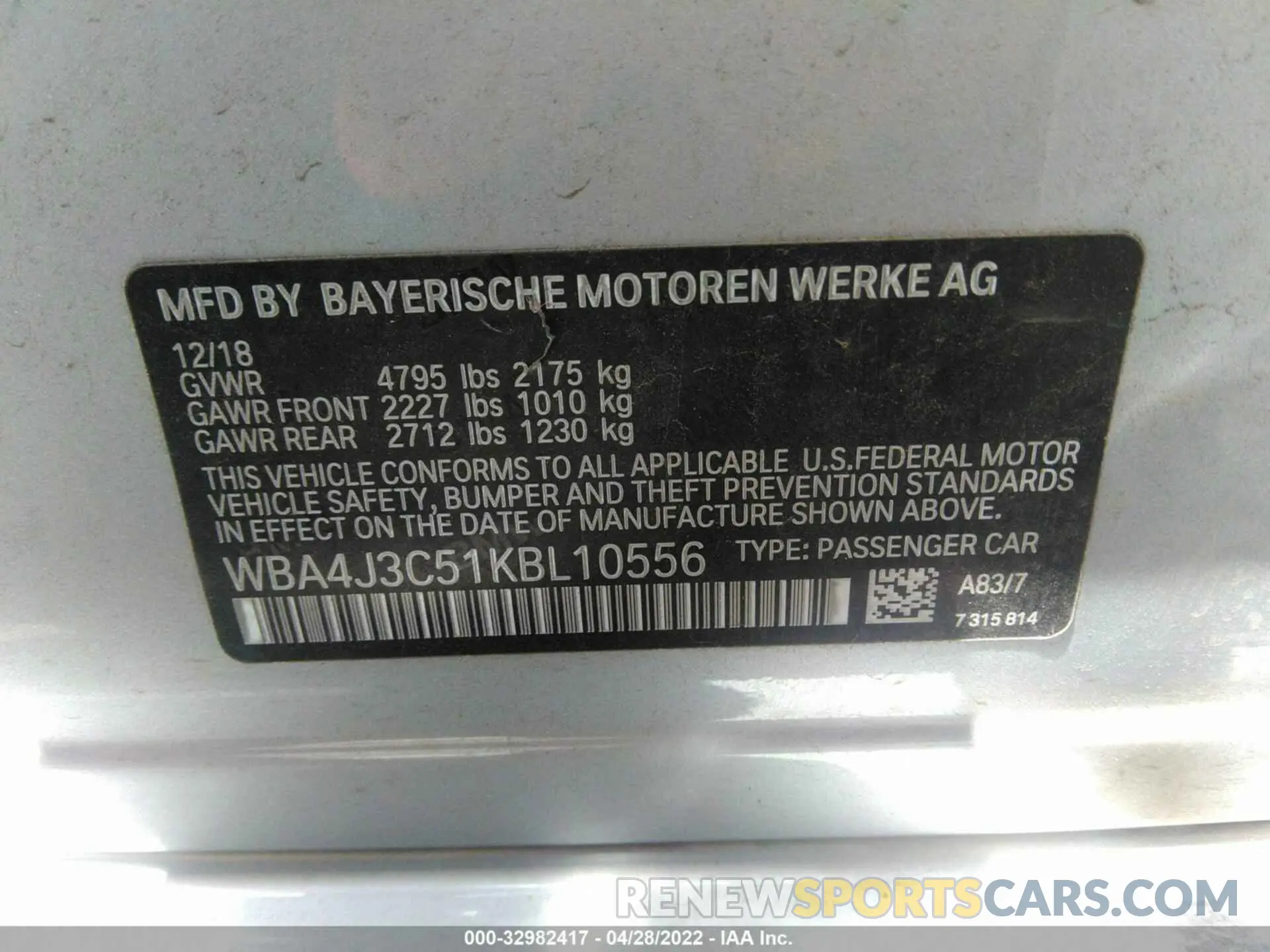 9 fotografías del automóvil dañado WBA4J3C51KBL10556 BMW 4 SERIES 2019