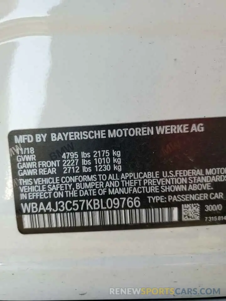 10 fotografías del automóvil dañado WBA4J3C57KBL09766 BMW 4 SERIES 2019