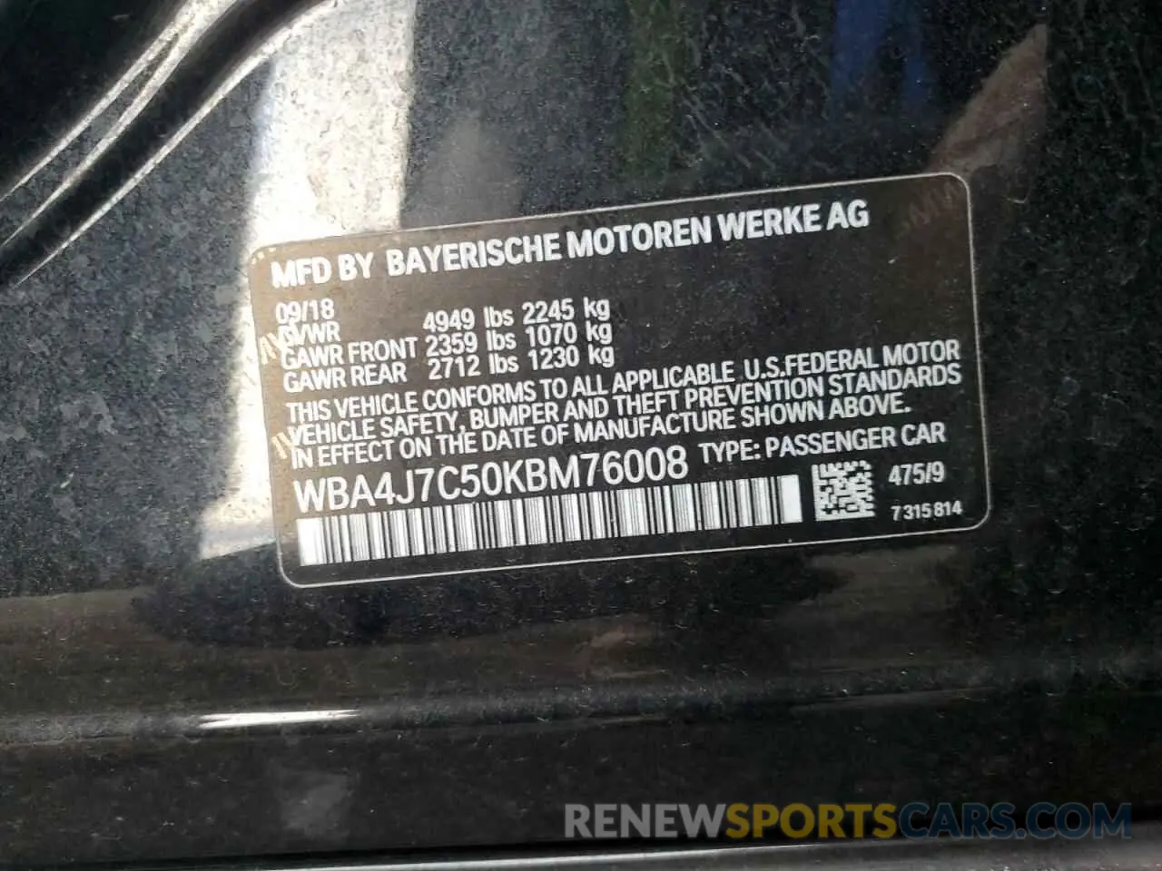 12 fotografías del automóvil dañado WBA4J7C50KBM76008 BMW 4 SERIES 2019