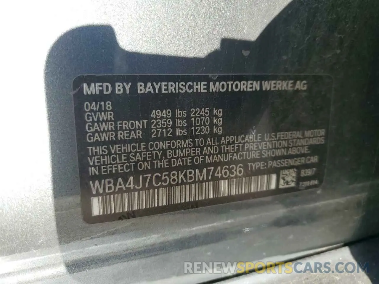 12 fotografías del automóvil dañado WBA4J7C58KBM74636 BMW 4 SERIES 2019