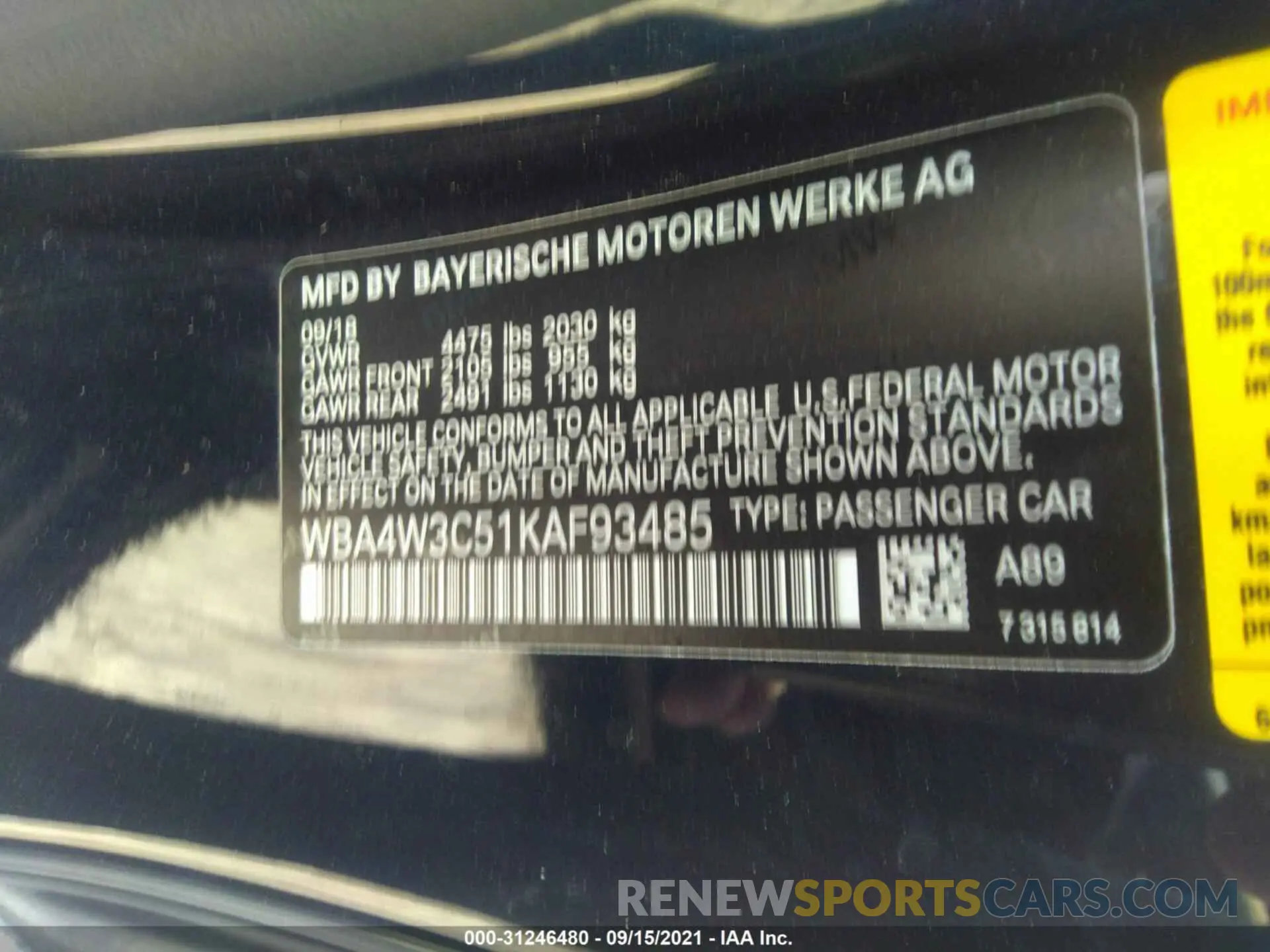 9 fotografías del automóvil dañado WBA4W3C51KAF93485 BMW 4 SERIES 2019