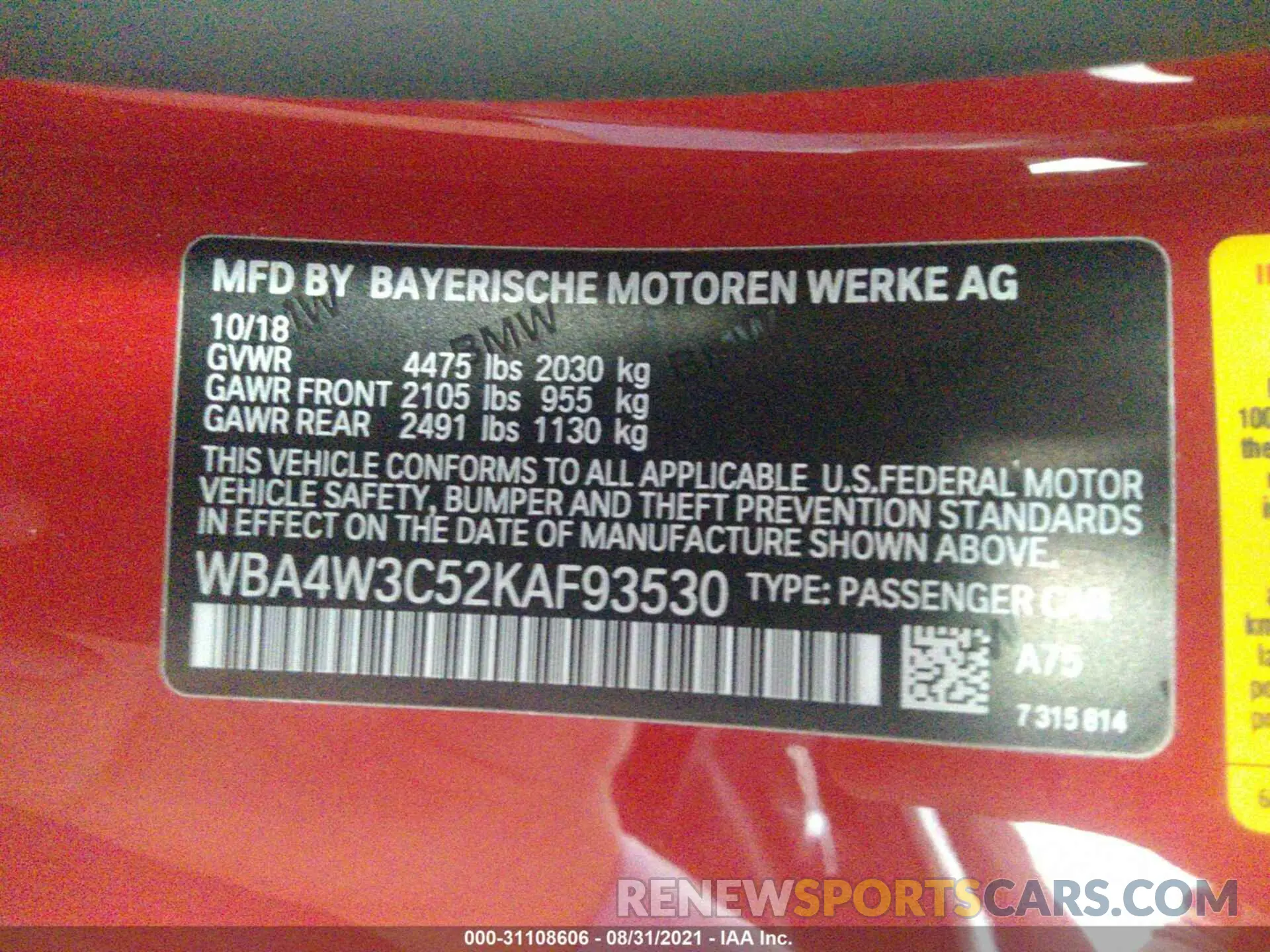 9 fotografías del automóvil dañado WBA4W3C52KAF93530 BMW 4 SERIES 2019