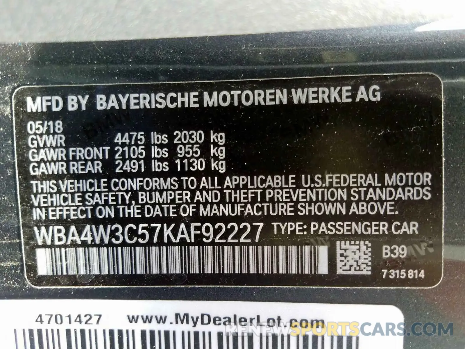 10 fotografías del automóvil dañado WBA4W3C57KAF92227 BMW 4 SERIES 2019