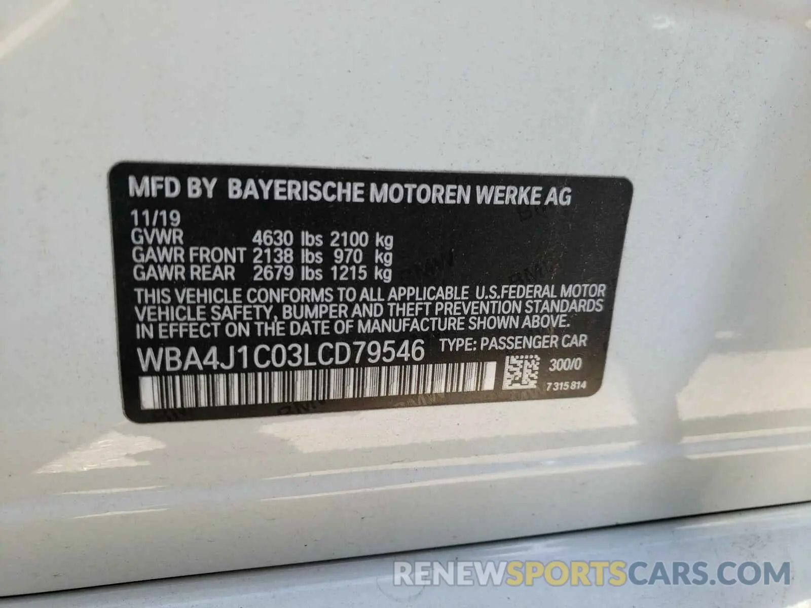 10 fotografías del automóvil dañado WBA4J1C03LCD79546 BMW 4 SERIES 2020