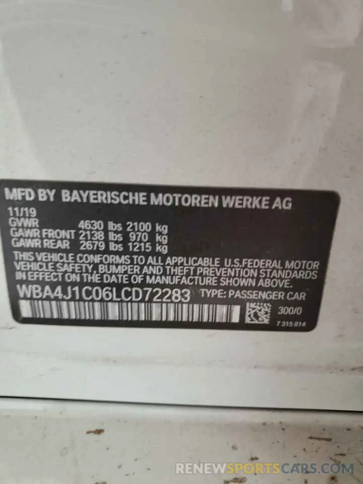 12 fotografías del automóvil dañado WBA4J1C06LCD72283 BMW 4 SERIES 2020