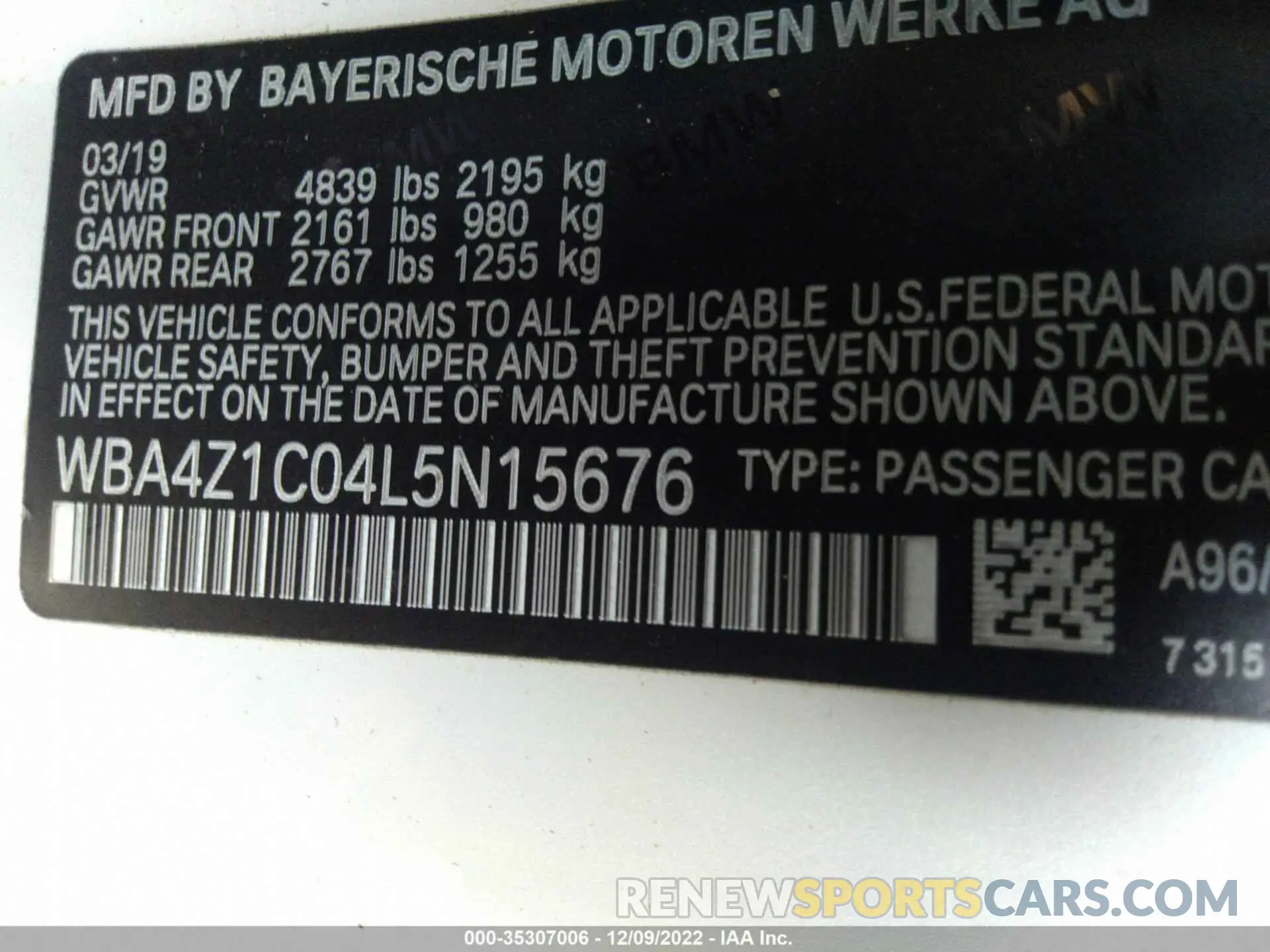 9 fotografías del automóvil dañado WBA4Z1C04L5N15676 BMW 4 SERIES 2020