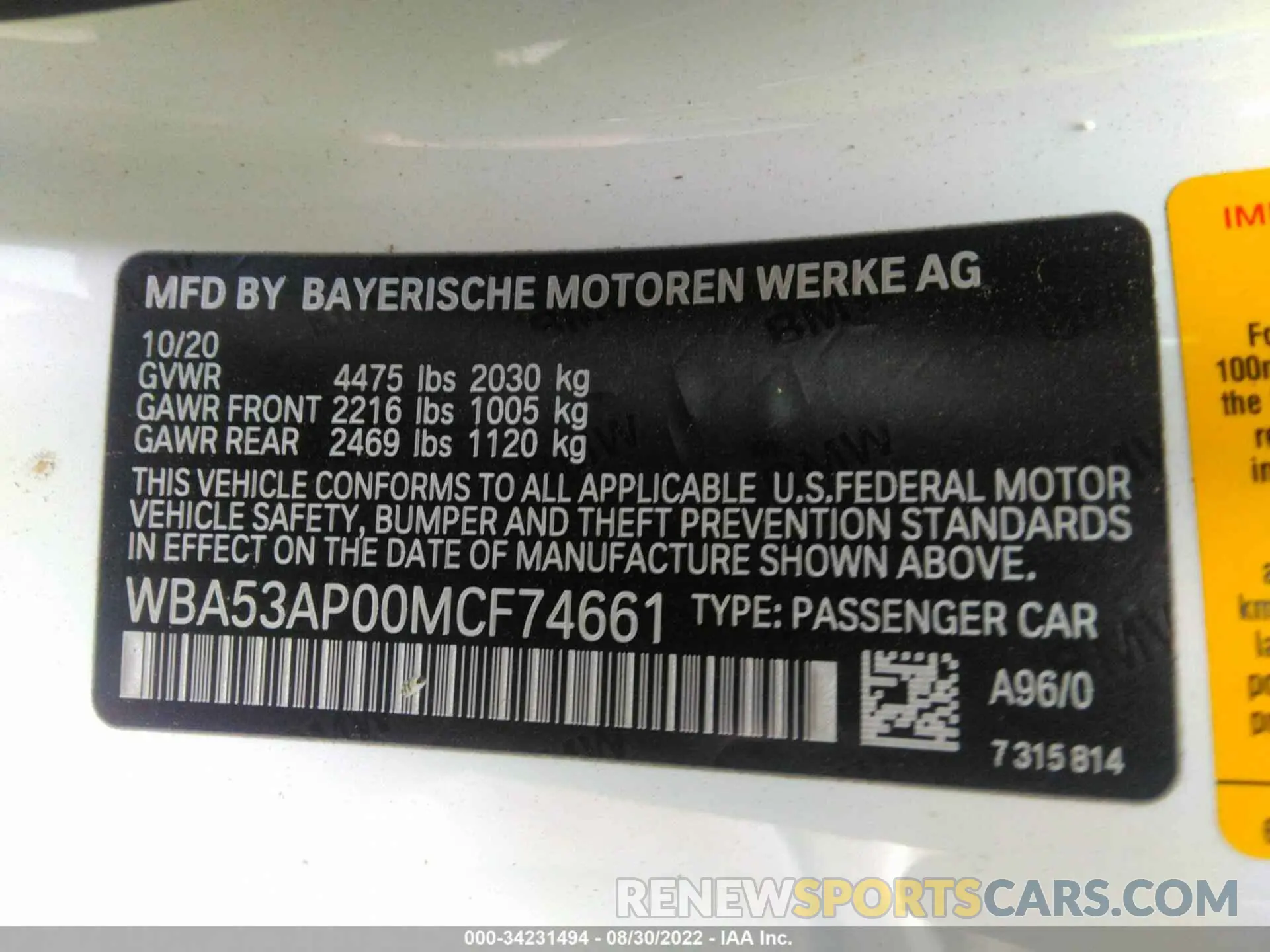 9 fotografías del automóvil dañado WBA53AP00MCF74661 BMW 4 SERIES 2021