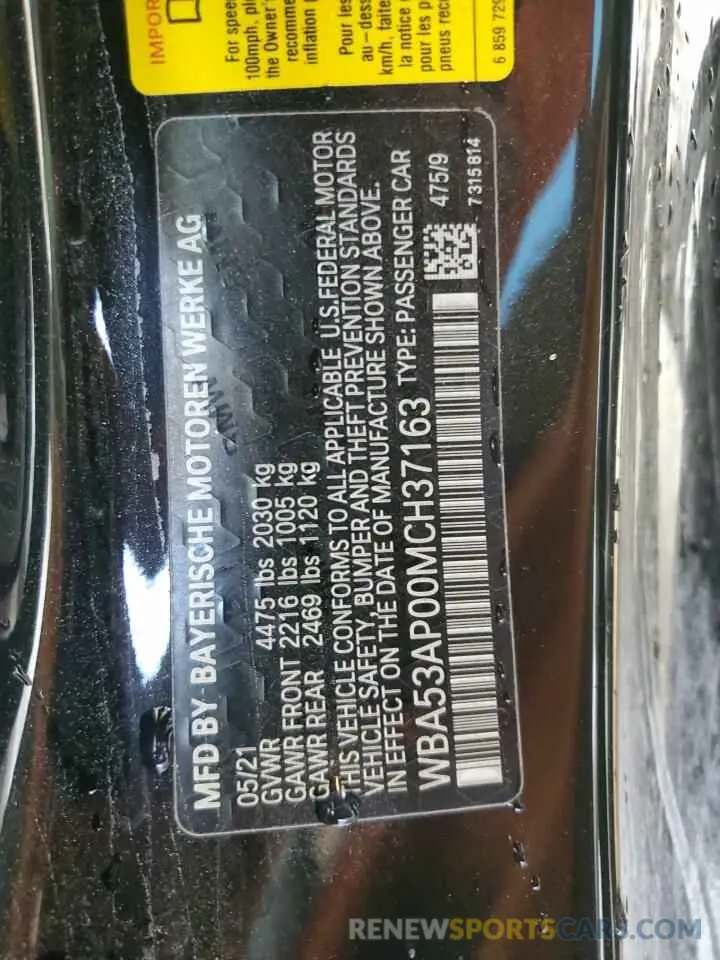 12 fotografías del automóvil dañado WBA53AP00MCH37163 BMW 4 SERIES 2021