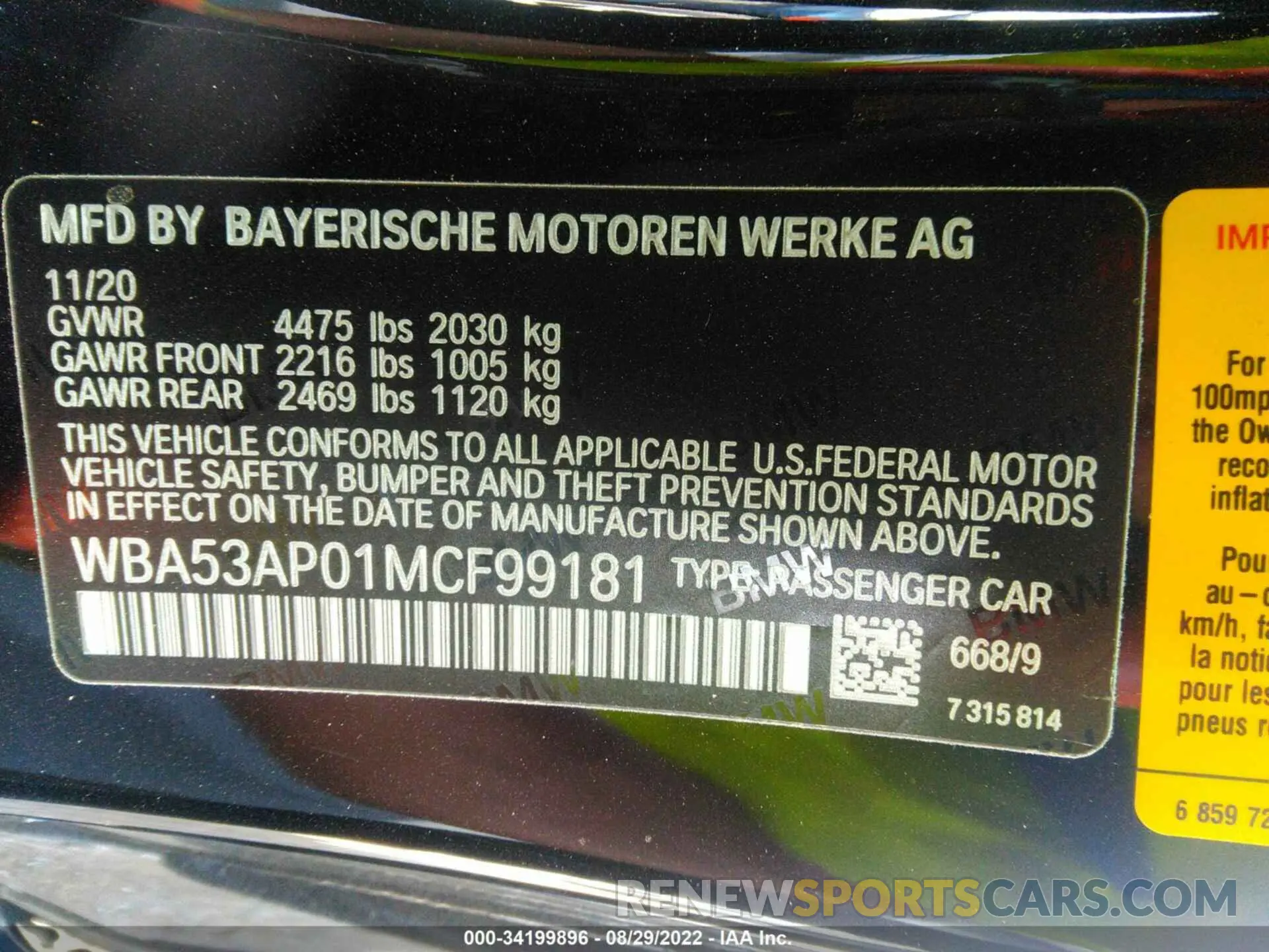9 fotografías del automóvil dañado WBA53AP01MCF99181 BMW 4 SERIES 2021