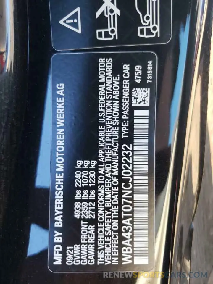 12 fotografías del automóvil dañado WBA43AT07NCJ02232 BMW 4 SERIES 2022
