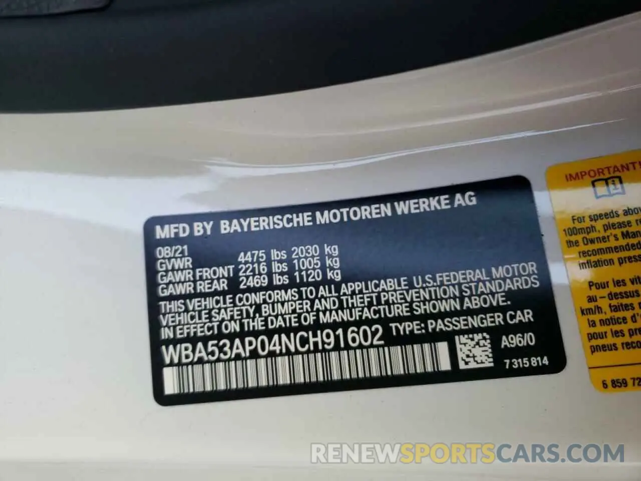 10 fotografías del automóvil dañado WBA53AP04NCH91602 BMW 4 SERIES 2022
