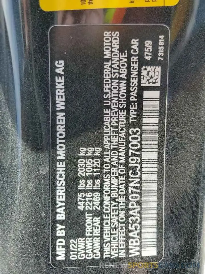 12 fotografías del automóvil dañado WBA53AP07NCJ97003 BMW 4 SERIES 2022