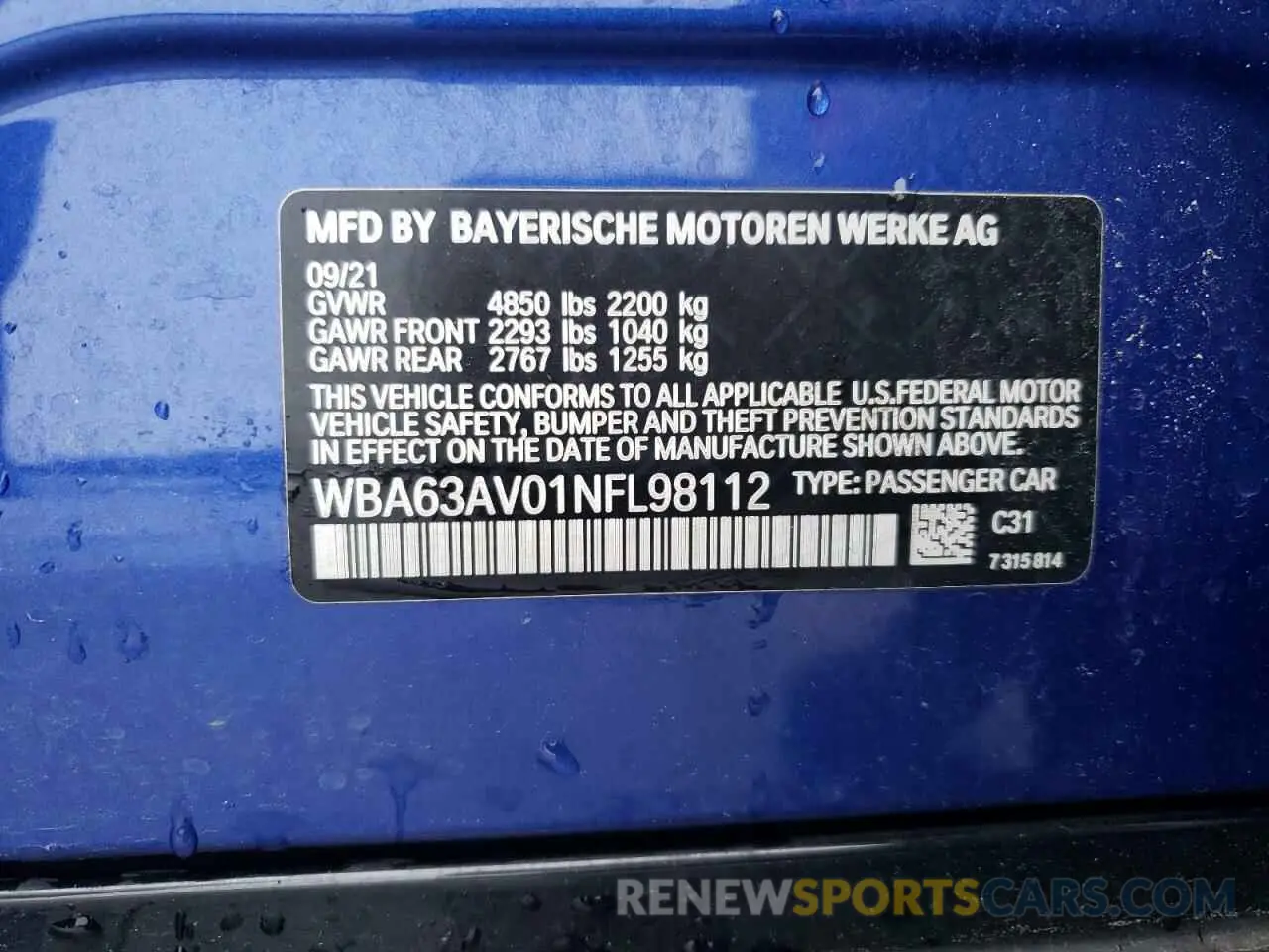 12 fotografías del automóvil dañado WBA63AV01NFL98112 BMW 4 SERIES 2022