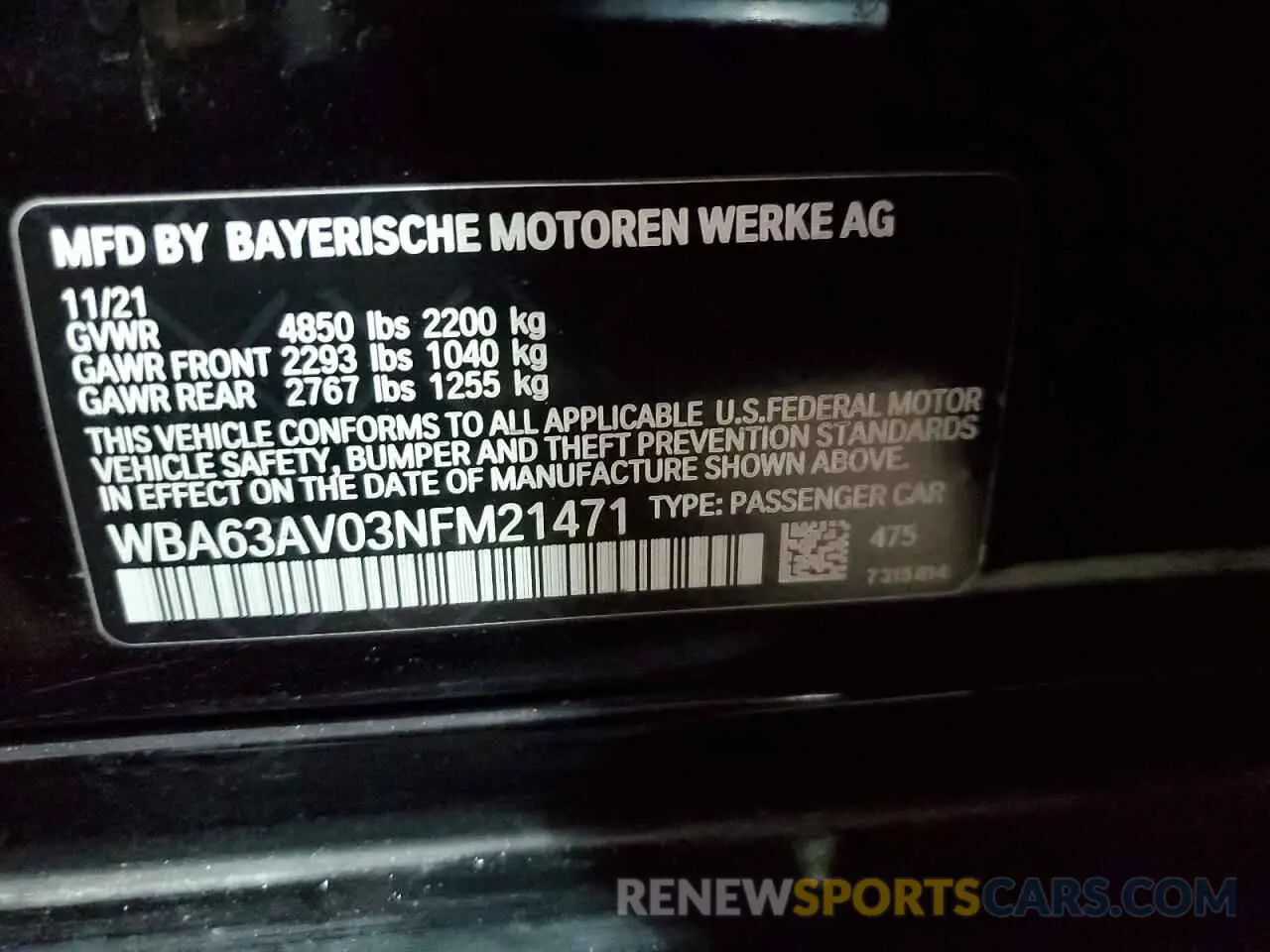 13 fotografías del automóvil dañado WBA63AV03NFM21471 BMW 4 SERIES 2022