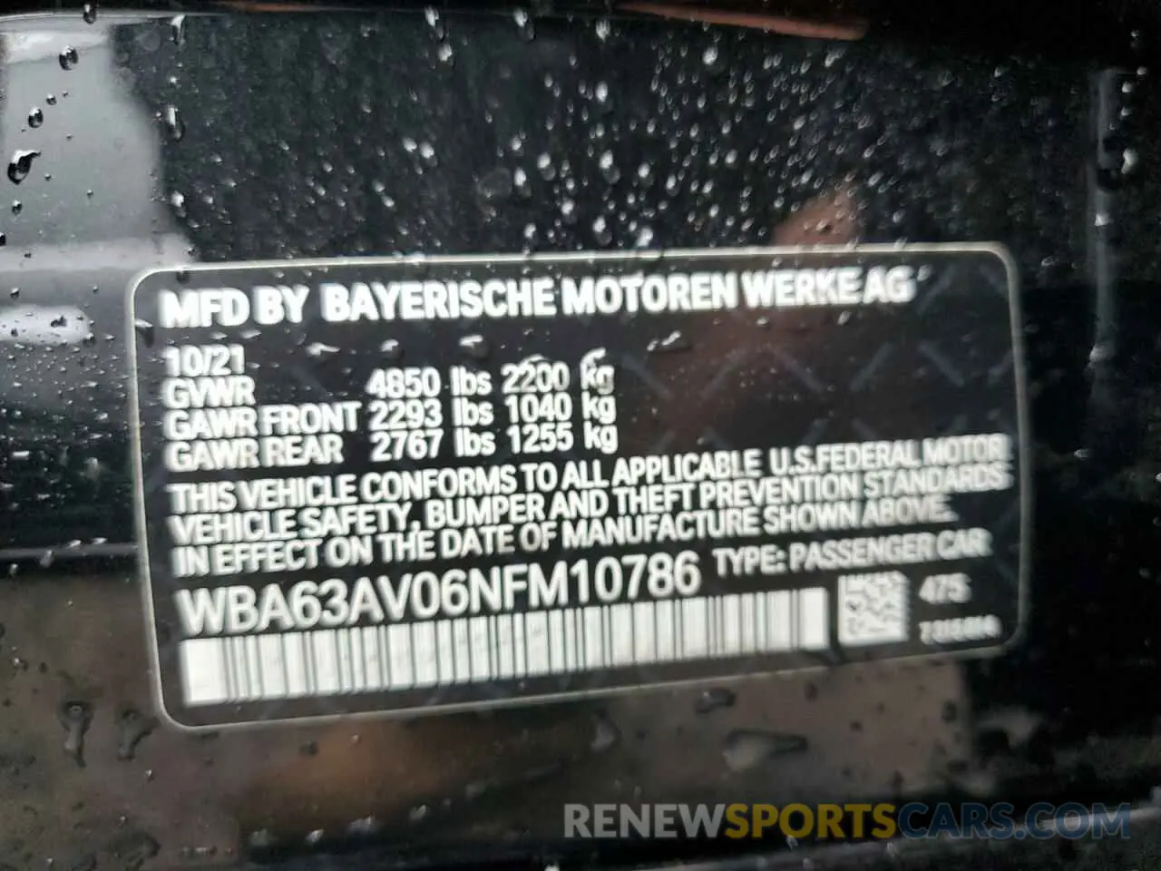 10 fotografías del automóvil dañado WBA63AV06NFM10786 BMW 4 SERIES 2022