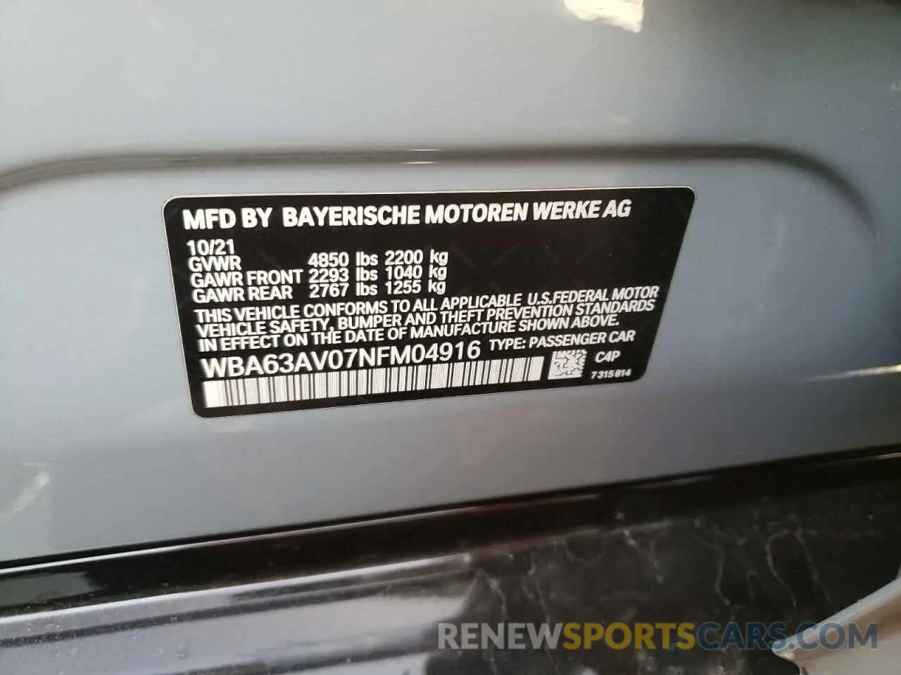 14 fotografías del automóvil dañado WBA63AV07NFM04916 BMW 4 SERIES 2022