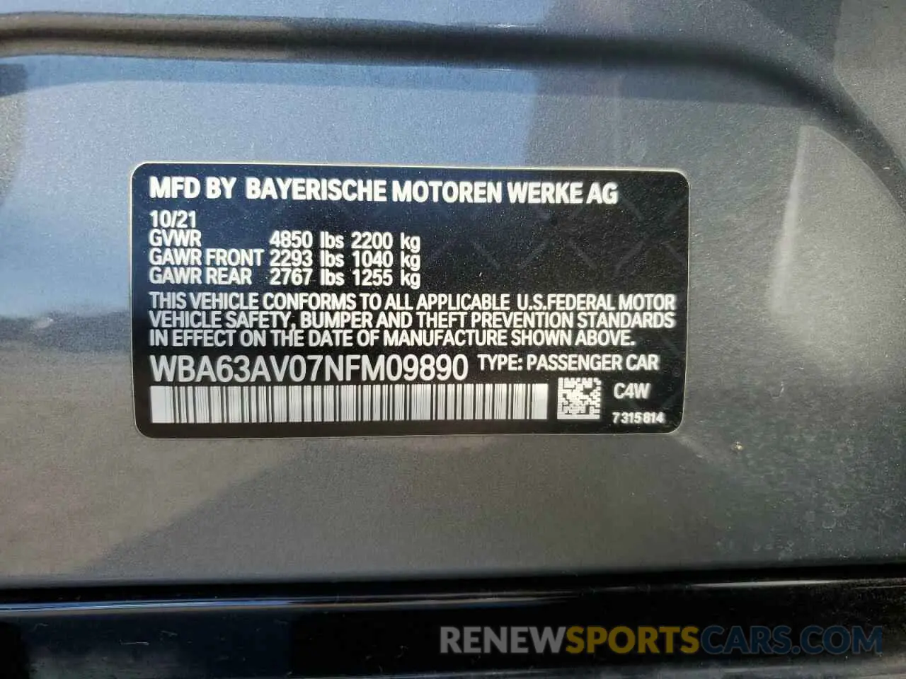 12 fotografías del automóvil dañado WBA63AV07NFM09890 BMW 4 SERIES 2022