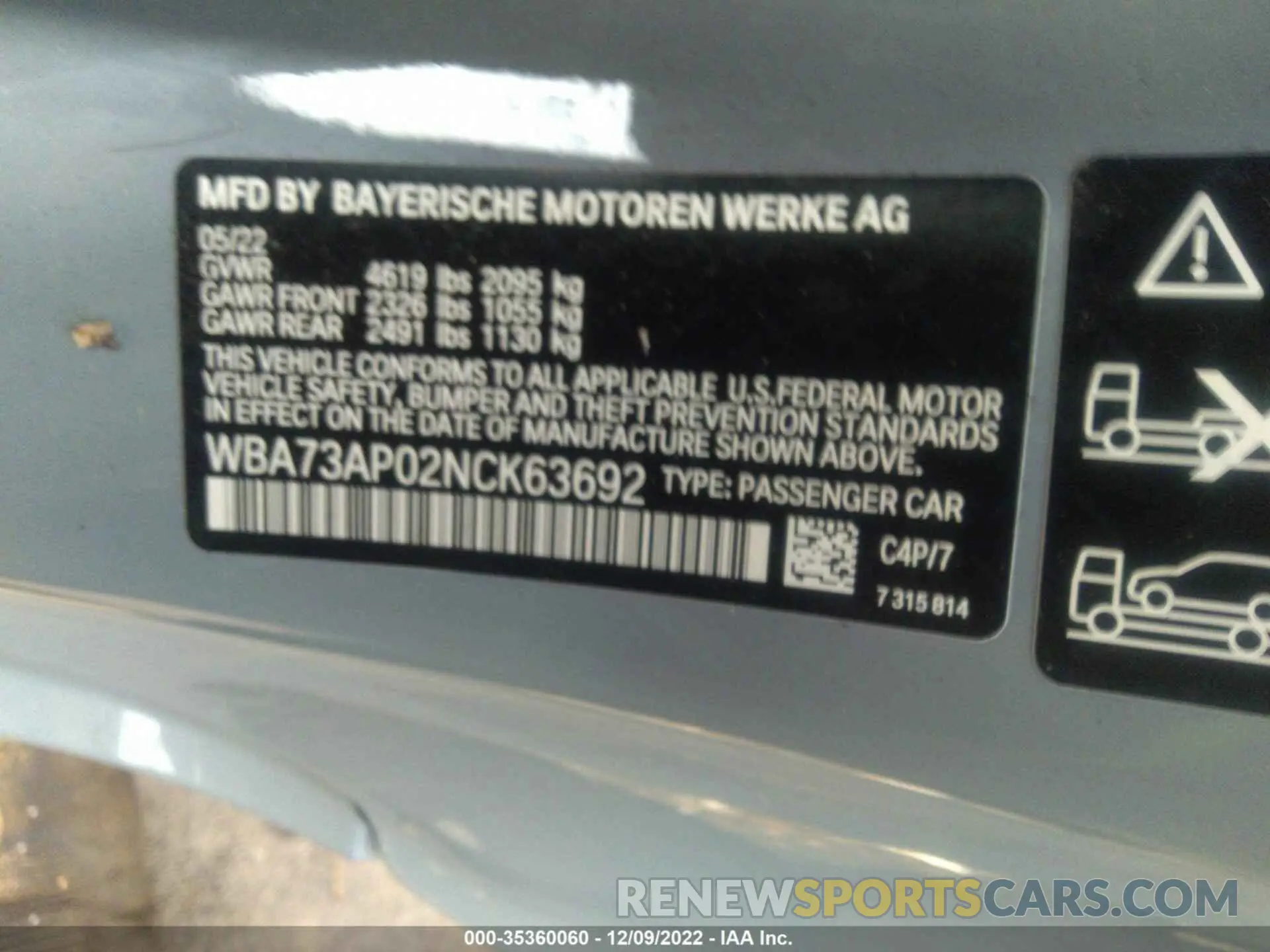 9 fotografías del automóvil dañado WBA73AP02NCK63692 BMW 4 SERIES 2022