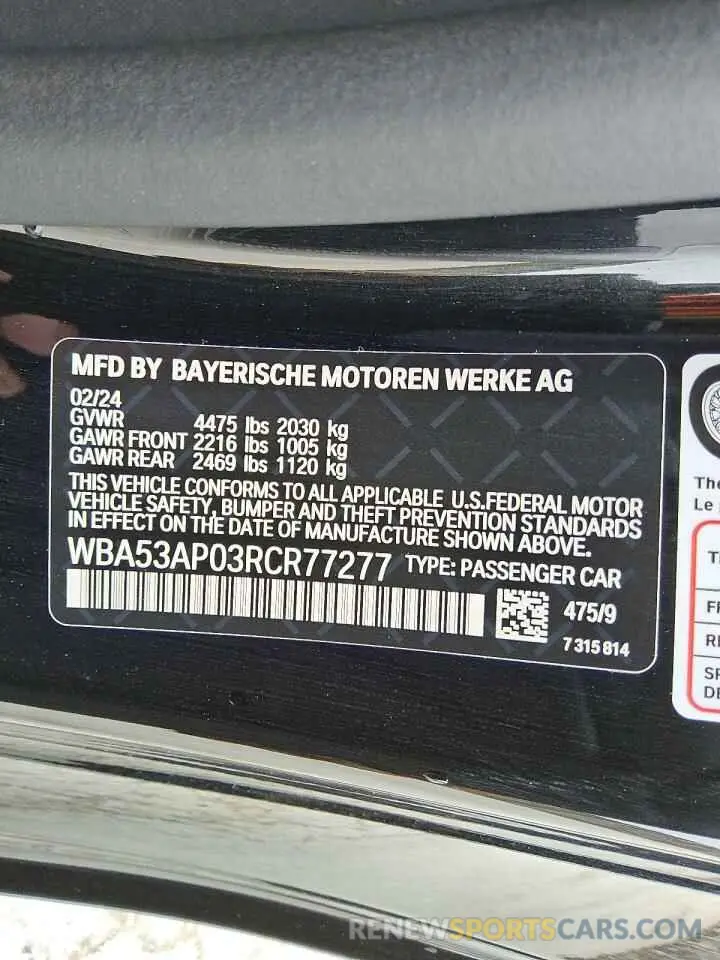 12 fotografías del automóvil dañado WBA53AP03RCR77277 BMW 4 SERIES 2024