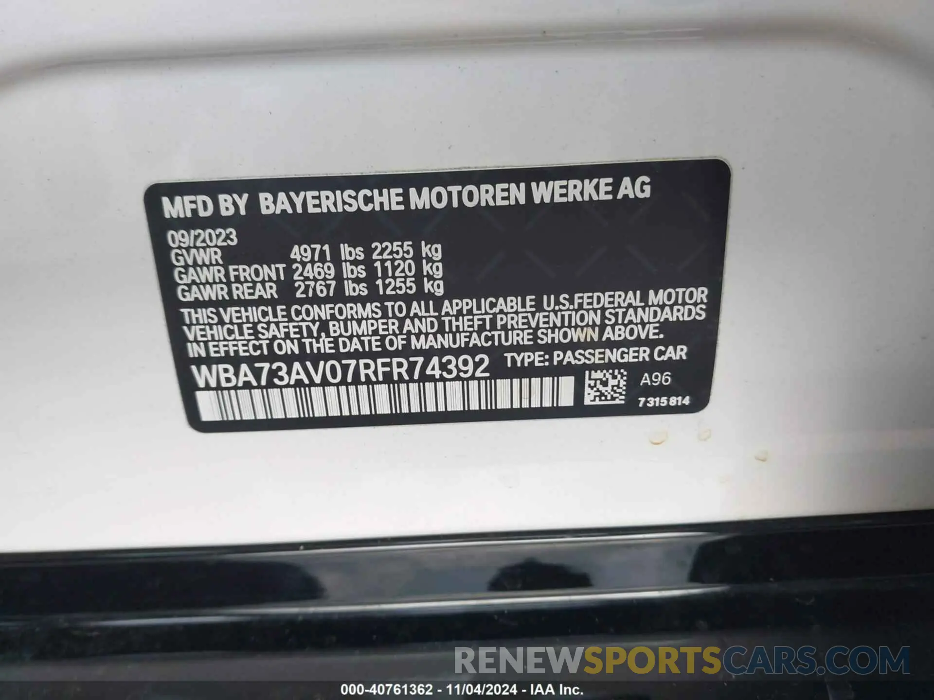 9 fotografías del automóvil dañado WBA73AV07RFR74392 BMW 4 SERIES GRAN COUPE 2024