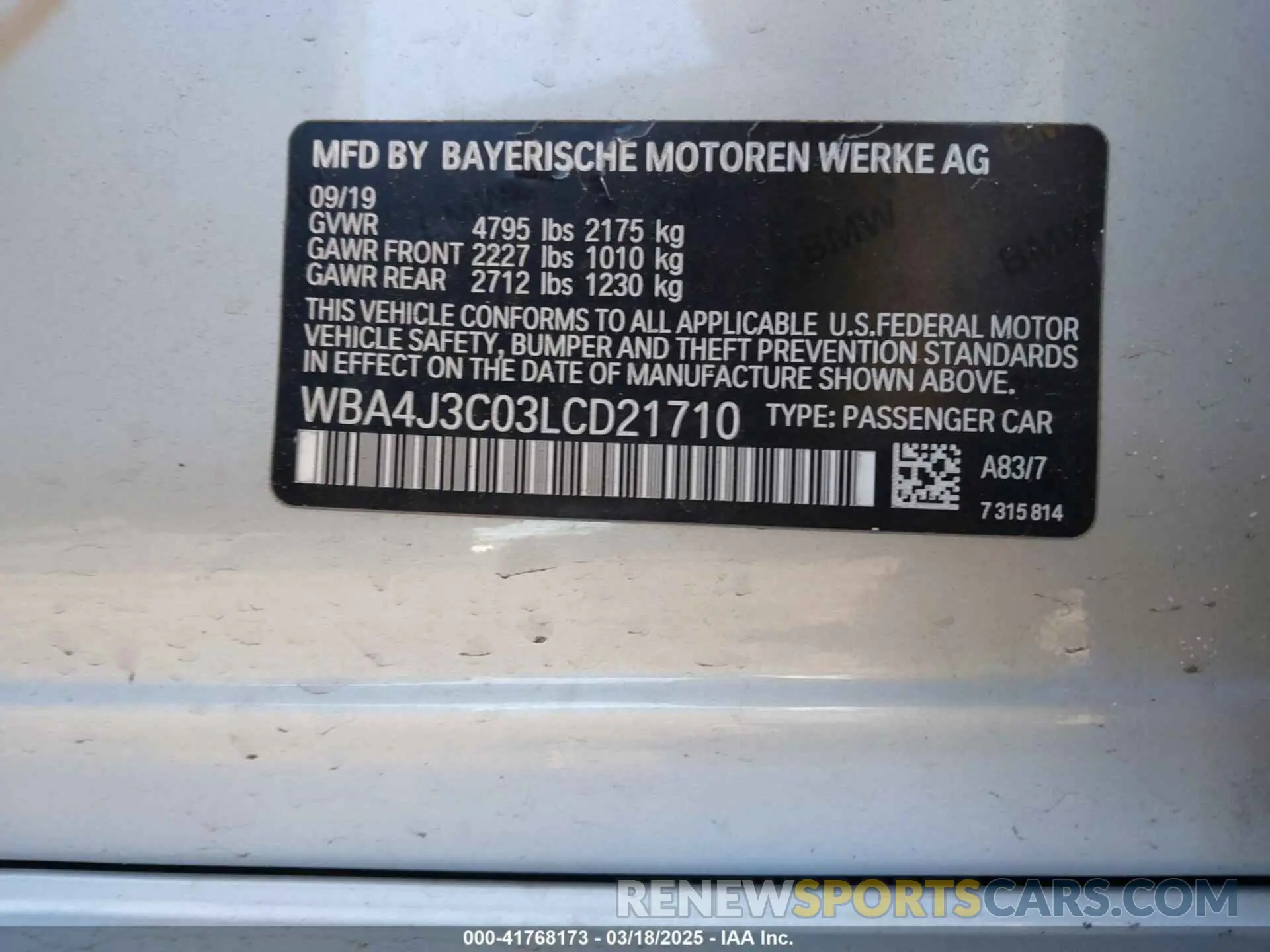 8 fotografías del automóvil dañado WBA4J3C03LCD21710 BMW 430I GRAN COUPE 2020