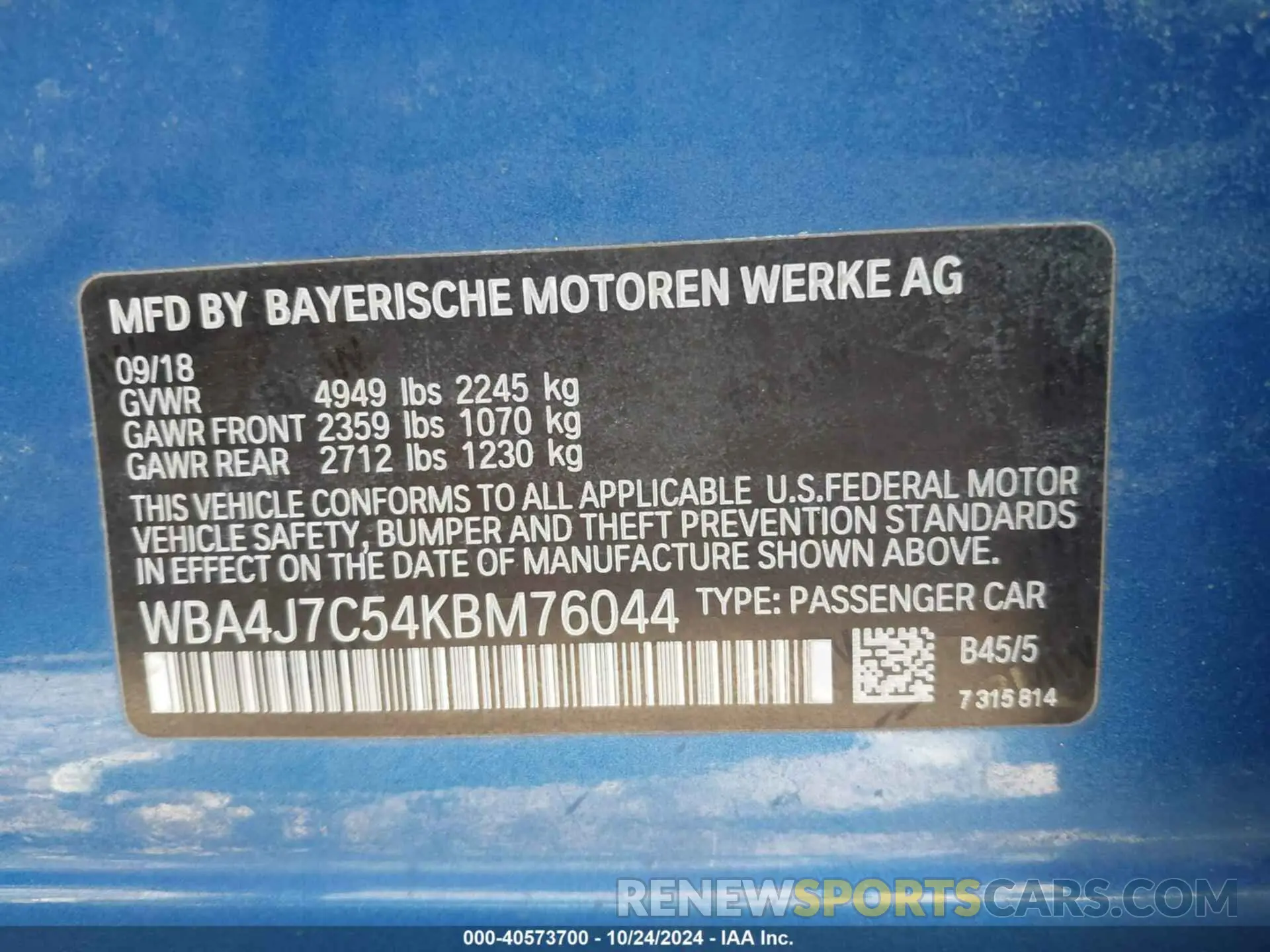 9 fotografías del automóvil dañado WBA4J7C54KBM76044 BMW 440I GRAN COUPE 2019