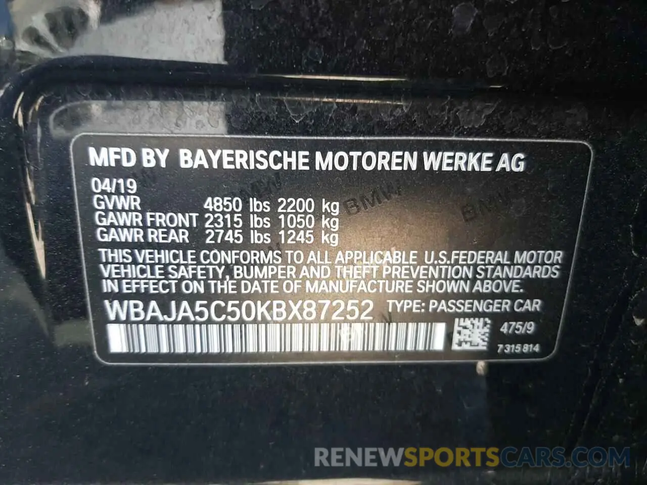 10 fotografías del automóvil dañado WBAJA5C50KBX87252 BMW 5 SERIES 2019