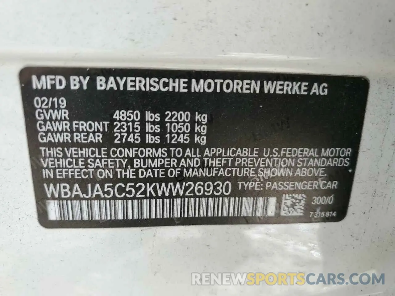 12 fotografías del automóvil dañado WBAJA5C52KWW26930 BMW 5 SERIES 2019