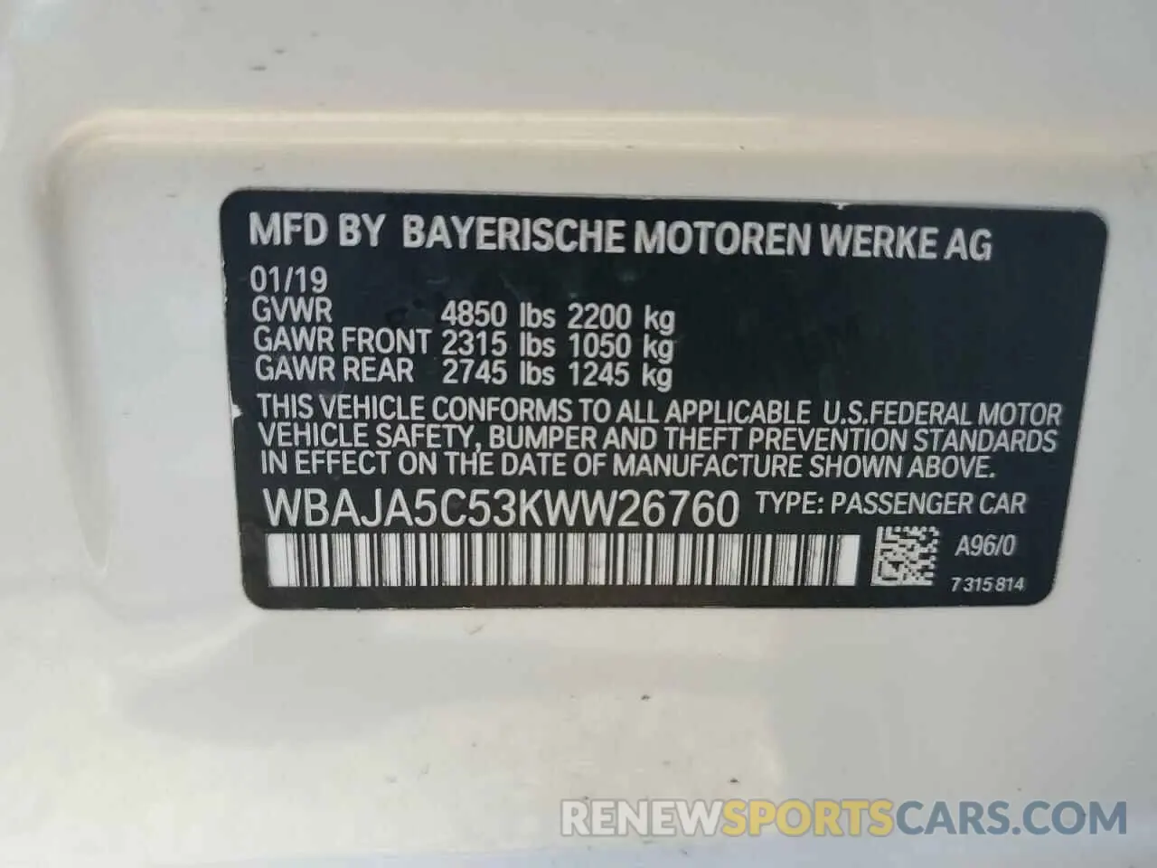 12 fotografías del automóvil dañado WBAJA5C53KWW26760 BMW 5 SERIES 2019