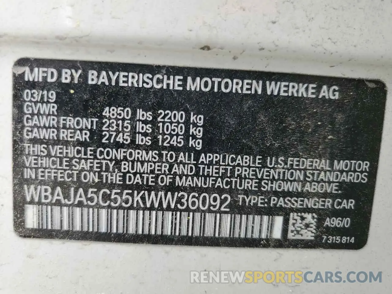 12 fotografías del automóvil dañado WBAJA5C55KWW36092 BMW 5 SERIES 2019