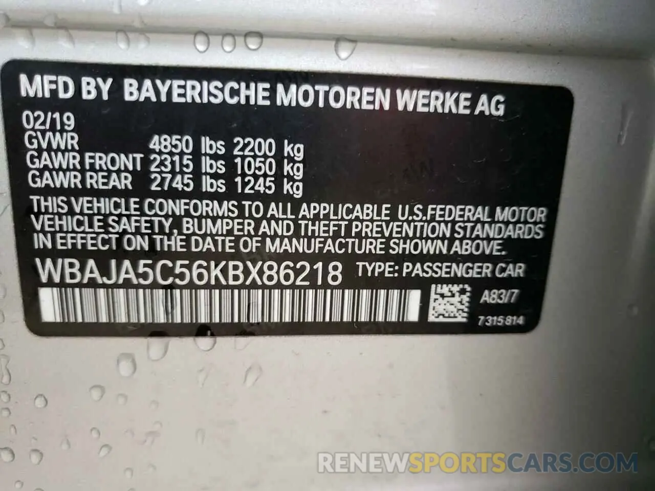 10 fotografías del automóvil dañado WBAJA5C56KBX86218 BMW 5 SERIES 2019