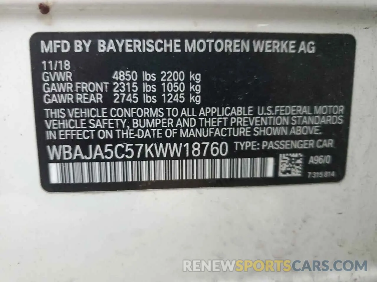 12 fotografías del automóvil dañado WBAJA5C57KWW18760 BMW 5 SERIES 2019