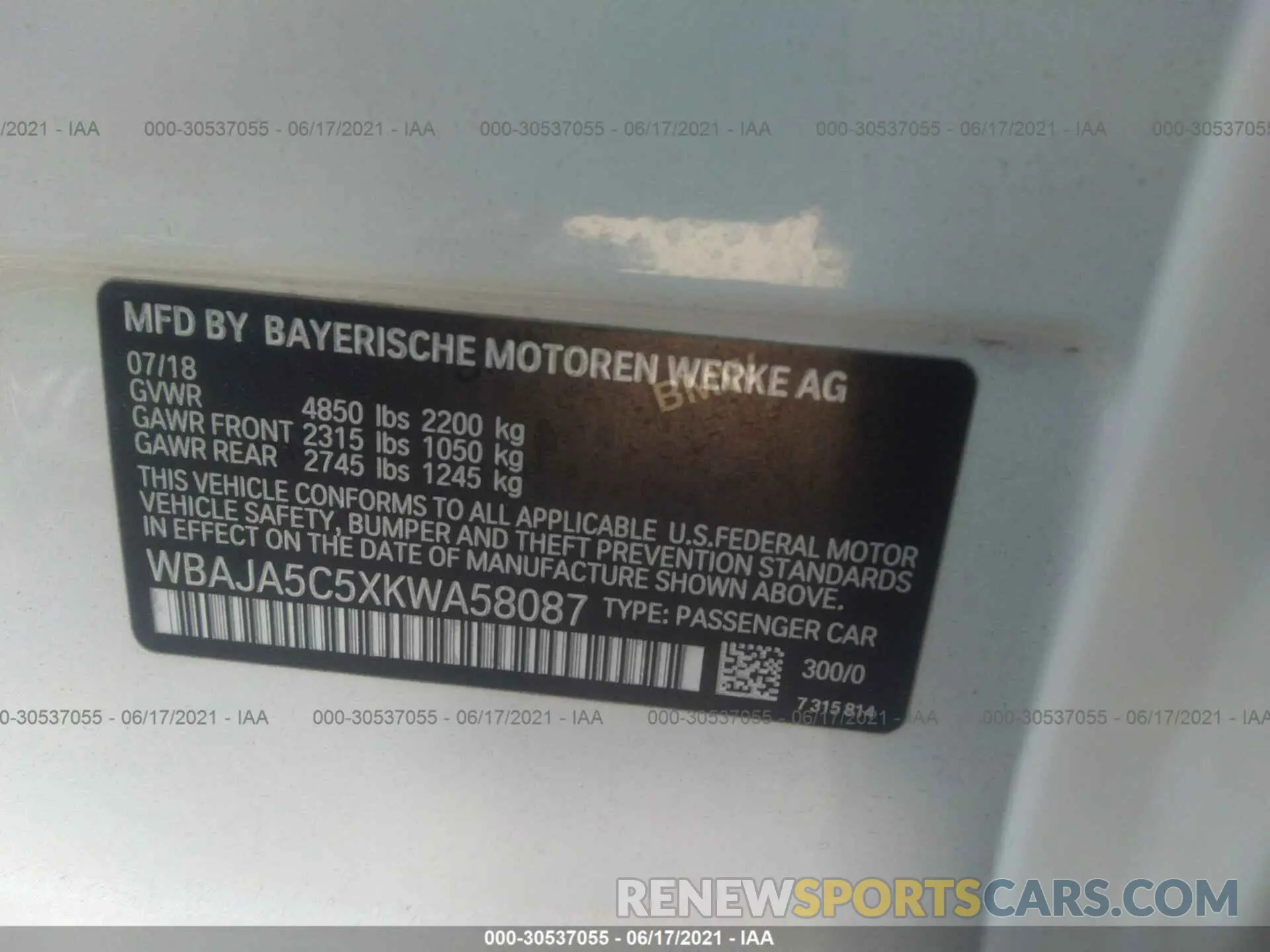 9 fotografías del automóvil dañado WBAJA5C5XKWA58087 BMW 5 SERIES 2019
