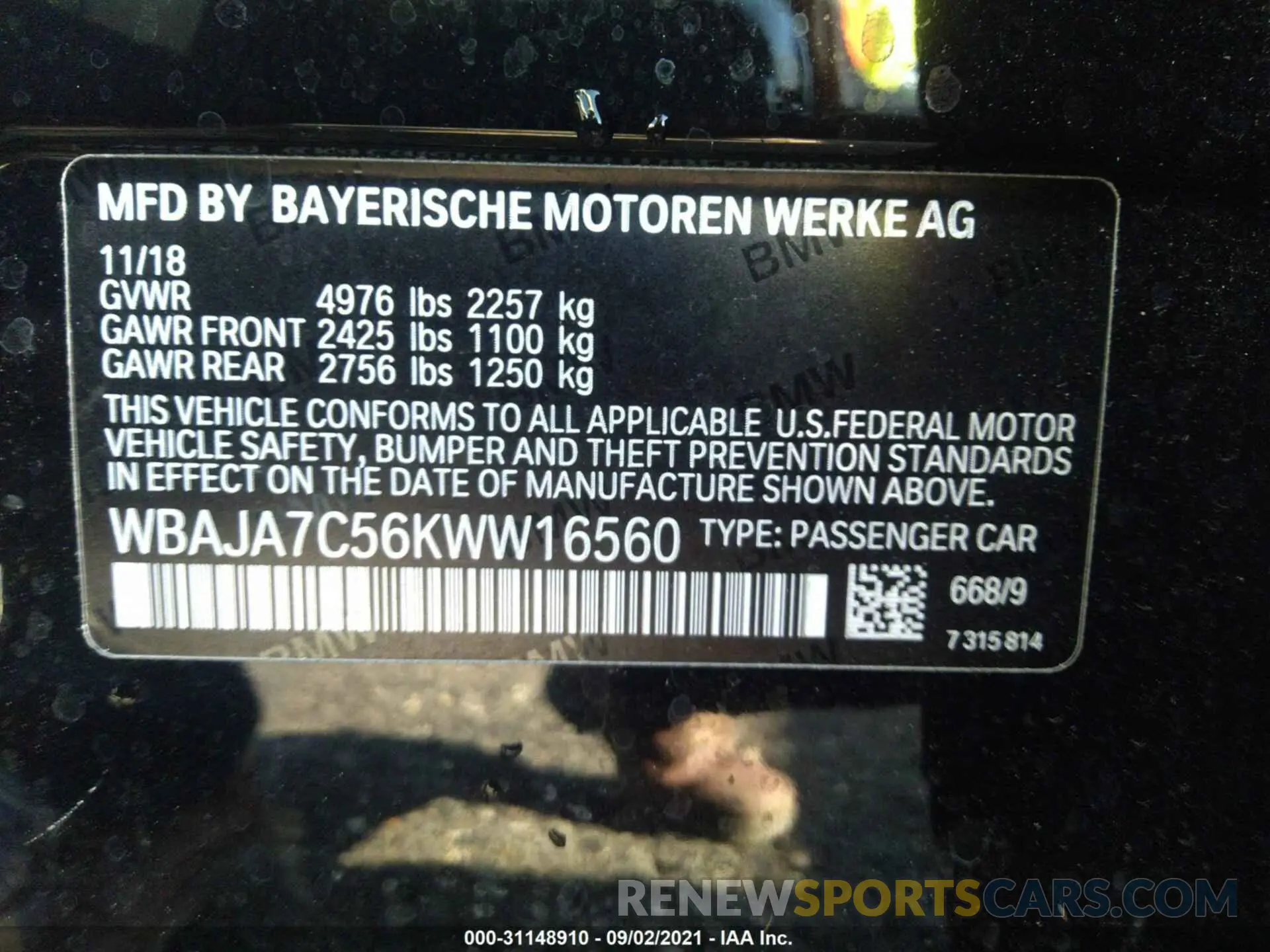 9 fotografías del automóvil dañado WBAJA7C56KWW16560 BMW 5 SERIES 2019