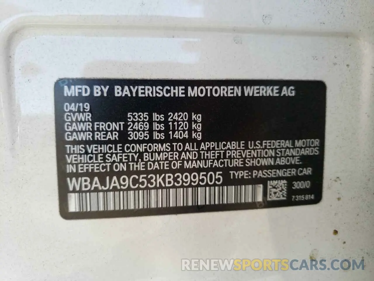 10 fotografías del automóvil dañado WBAJA9C53KB399505 BMW 5 SERIES 2019